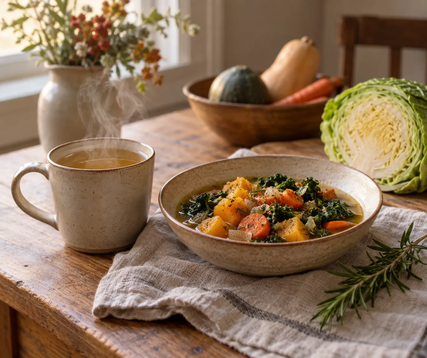 A mug of steaming bone broth beside a bowl of vegetable and kale stew on a wooden table, with a halved cabbage, squash and carrots behind